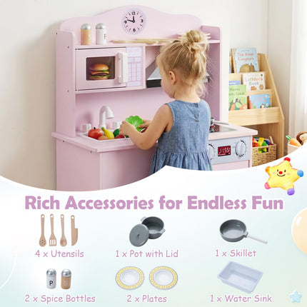 Costzon Play Kitchen for Kids| Wooden Kitchen Playset w/Range Hood