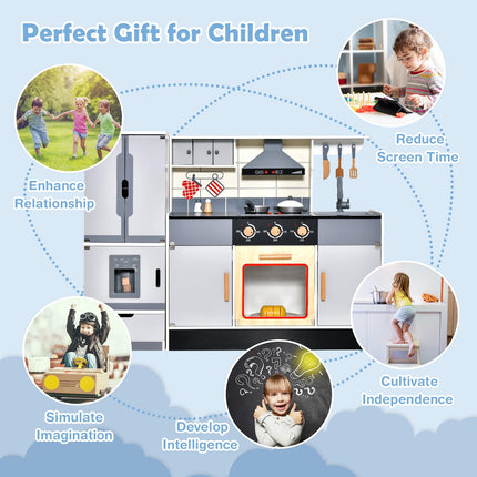 Costzon 2-Piece Play Kitchen, Wooden Toy Kitchen Set with Refrigerator