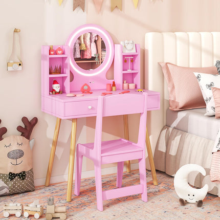 Costzon Kids Vanity, Girls Vanity Set with Mirror and Stool and Lights, Drawers, Storage Shelves