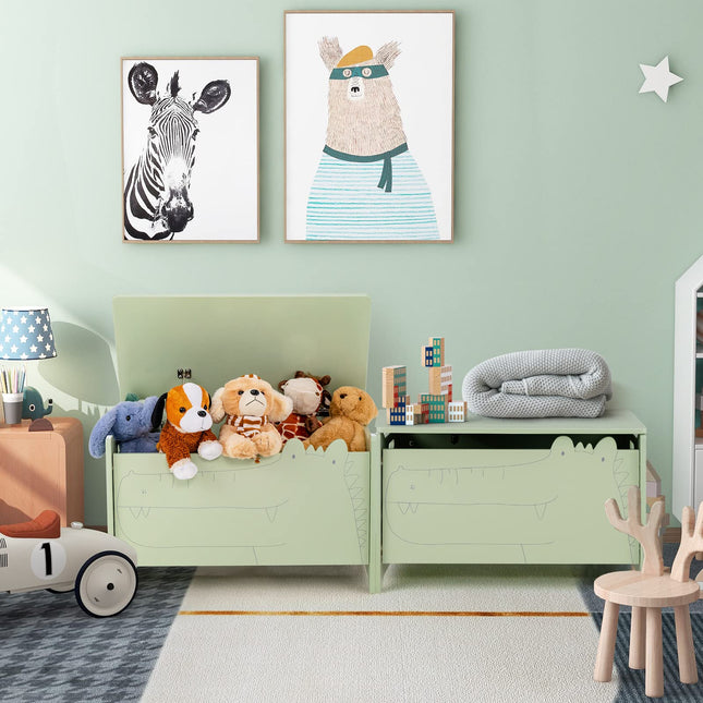 Costzon Wooden Toy Box, Kids Large Trunk Chest w/ Safety Hinge & Handles, Flip-Top Storage Organizer