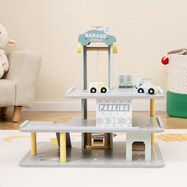 Costzon Toy Car Garage, Multi-Level Wooden Toy Garage with 4 Cars, Helicopter, Gas & Charging Station