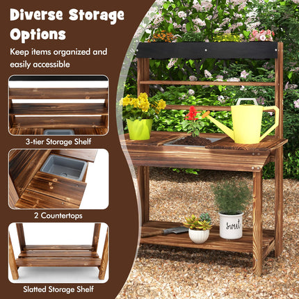 Costzon Kids Potting Bench, Wood Toy Gardening Center with 4 Pots, Mud Kitchen for Kids Outdoor Play Kitchen