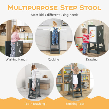 Costzon Toddler Tower, Wooden Kids Kitchen Stool Helper with Height Adjustable Platform, Safety Rail