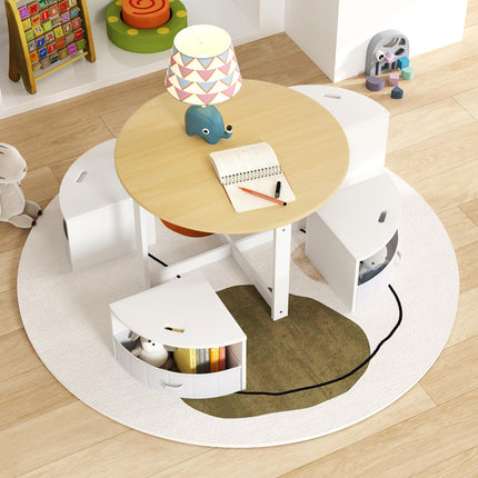 Costzon Kids Table and Chairs, 5 Pieces Wooden Round Children Nesting Table with 4 Storage Stools & 4 Fabric Drawers for Activity
