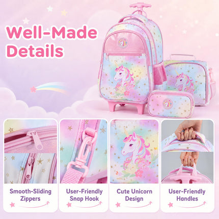 Baby Joy 3 Pieces Rolling Backpack for Kids | Wheeled Backpack with Lunch Box and Pencil Case