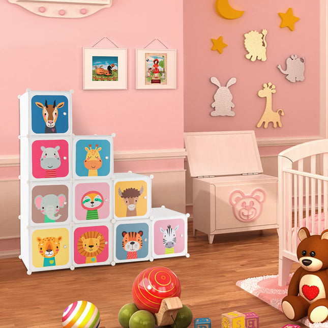 Costzon Kids Wardrobe Closet, Cartoon DIY Modular Dresser Storage Organizer with 12 Cubes & 2 Clothes Hanging Section