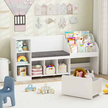 Costzon Kids Bookcase with/Reading Nook, 4-in-1 Toy Organizer w/Removable Seat Cushion