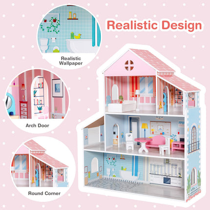 Costzon Wooden Dollhouse, 3-Story Pretend Play Doll House with Living Room Bedroom