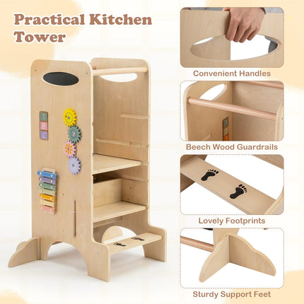 Costzon Wooden Kids Step Stool w/Detachable Chalkboard & Montessori Games