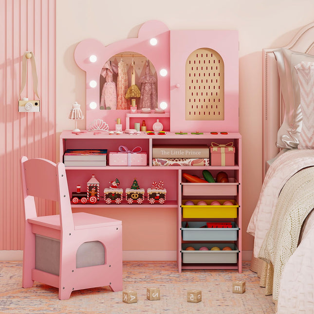 Costzon Girls Vanity Set Wooden Vanity Table and Chair Set