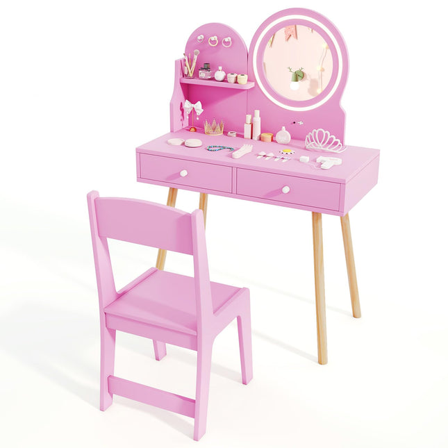 Costzon Kids Vanity, Girls Vanity Set with Mirror and Stool and Lights