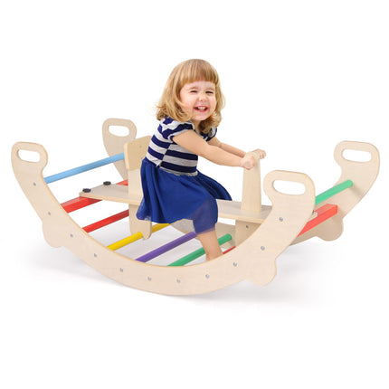 Costzon Wooden Rocking Toys for Toddlers, 4-in-1 Montessori Wooden Arch Climber Ladder Structure