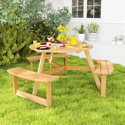 Costzon 6 Person Kids Picnic Table, Fir Wood Round Picnic Table with 3 Built-in Benches