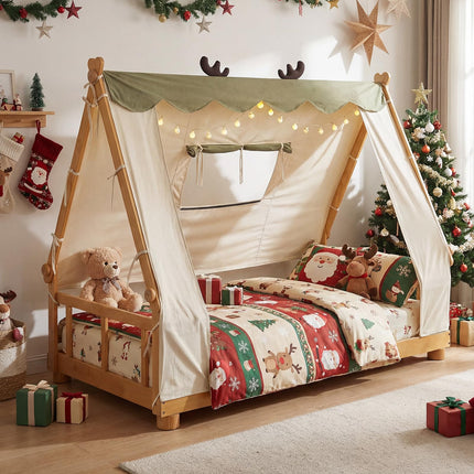 Costzon Twin Bed Frames for Kids Wooden House Antlers-Shaped Floor Bed w/Tent