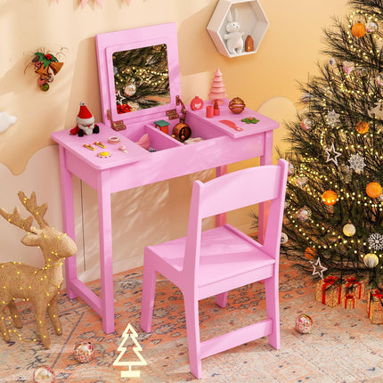 Costzon Kids Vanity, 2 in 1 Girls Vanity Set with Flip Top Mirror, Hidden Storage Space