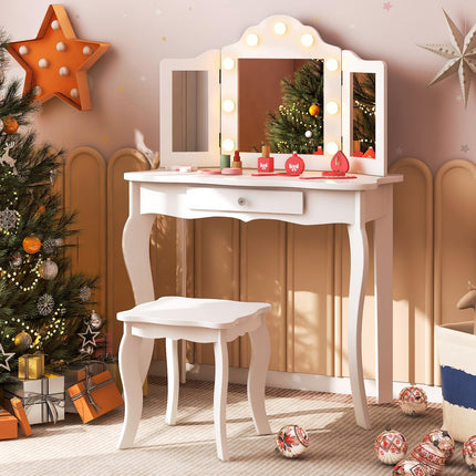 Costzon Kids Vanity Table and Chair Set, Girls Vanity Set with Mirror and Stool, Storage Drawer, Wooden Princess Makeup Dressing Table
