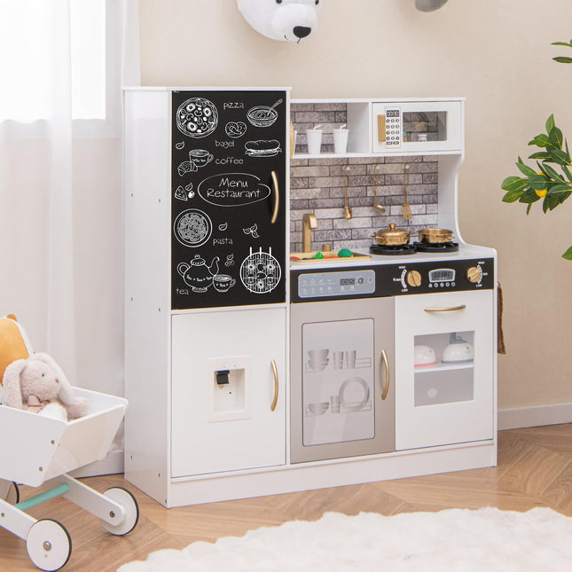 Costzon Play Kitchen for Kids, Wooden Toy Kitchen Set with Stoves, Microwave, Blackboard, Water Dispenser, Telephone