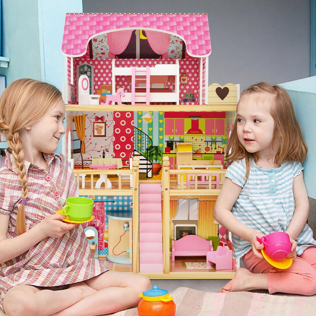 Costzon Dollhouse, Toy Family House with 15 pcs Furniture, DIY Pretend Doll House