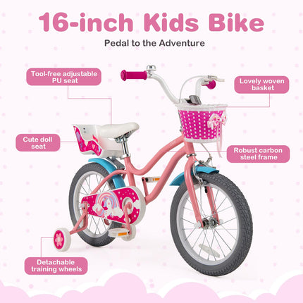 Costzon Girls Bike, 16" Children Training Bicycle for 4-7 Years Old with Woven Basket