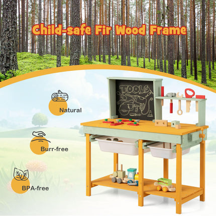 Costzon Tool Bench for Kids, Wooden Pretend Workbench with Toy Tools and Accessories, Realistic Role Play Construction Building Tool Set