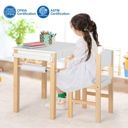 Costzon Kids Table and Chair Set, Kids Art Table with Paper Roll, Wooden Activity Table, Toddler Table and Chair Set
