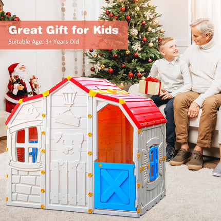 Costzon Roomy Kids Playhouse, Realistic Cottage Playset w/Open-able Windows, Indoor Outdoor Playhouse for Kids