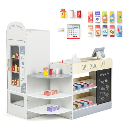 Costzon Pretend Grocery Store Playset, Wooden Supermarket Toy Set for Kids with Chalkboard