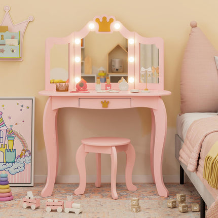 Costzon Kids Vanity with Lights, Girls Vanity Set with Mirror and Stool, Drawer, 2 in 1 Princess Makeup Desk Dressing Table