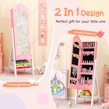 Costzon Kids Jewelry Armoire Cabinet, Standing Jewelry Organizer with Full-Length Mirror