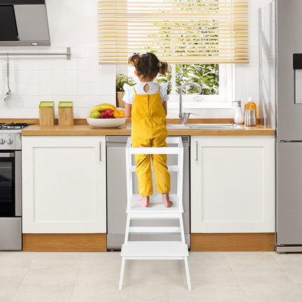 Costzon Kids Kitchen Step Stool with Safety Rail, 2 in 1 Solid Wood Montessori Learning Stool Standing Helper