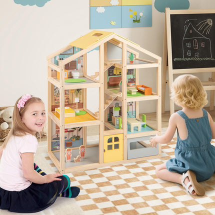Costzon Wooden Dollhouse for Kids Modern Family Pretend Playhouse