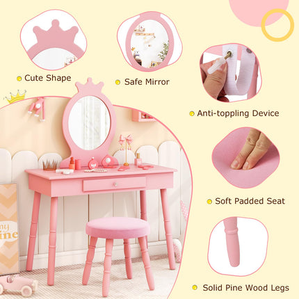 Costzon Kids Vanity & Jewelry Armoire Cabinet, Wooden Kids Vanity Table and Chair Set