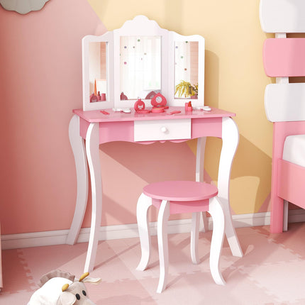 Costzon Kids Vanity Table and Chair Set, Girls Vanity Set with Mirror and Stool, Storage Drawer