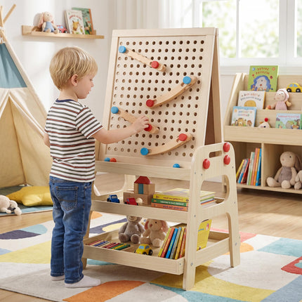 Costzon 2-in-1 Easel w/Magnetic Whiteboard & Marble Run Game for Kids