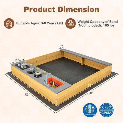 Costzon Kids Sandbox, Wooden Sand Pit w/Kitchen Playset Accessories, Water Faucet