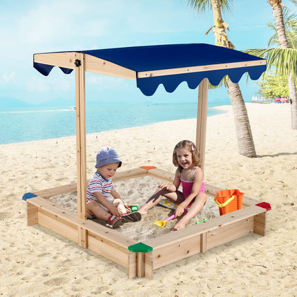 Costzon Kids Wooden Sandbox with Canopy, Square Cabana Sandbox with Ground Liner