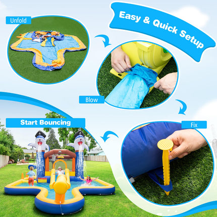 BOUNTECH Inflatable Water Slide, Shark Themed Water Bounce House with Slide for Kids Backyard Fun