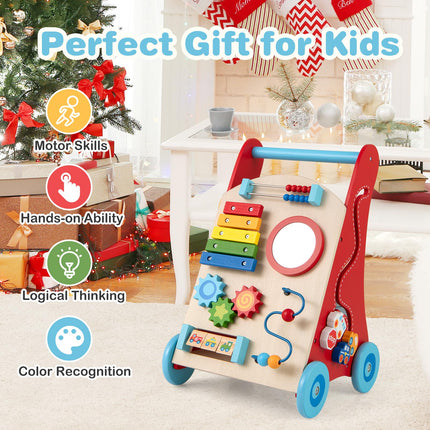 BABY JOY Wooden Baby Walker Sit to Stand Baby Push Walker with Wheels & Storage Space