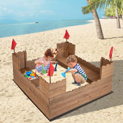 Costzon Kids Sandbox, Cedar Wood 45" x 45" Sand Pit w, Outdoor Sand Box for Kids Age 3+ for Backyard Garden Beach