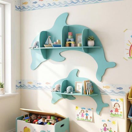 Costzon 2 Pieces Floating Dolphin Shelves | Space Saving Wall Shelves for Kid's Room