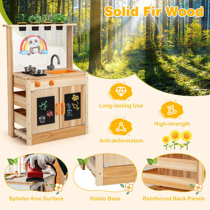 Costzon Mud Kitchen, Fir Wood Outdoor Play Kitchen with 4 Planting Pots, Stoves, Removable Sink