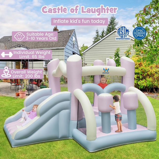 Inflatable Bounce House, White Pink Dream Cotton Bouncy House for Kids 5-12 Indoor Outdoor Backyard Fun w/Wide Slide