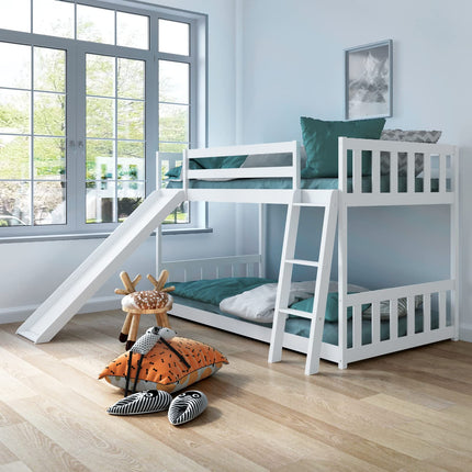 Costzon Twin Over Twin Bunk Bed Wooden Low Bunk Bed with Slide & Ladder
