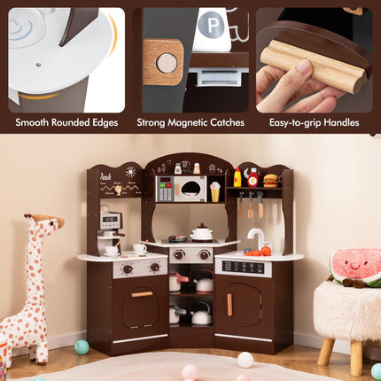 Costzon Corner Play Kitchen, Wooden Kids Kitchen Playset with Lights & Sound