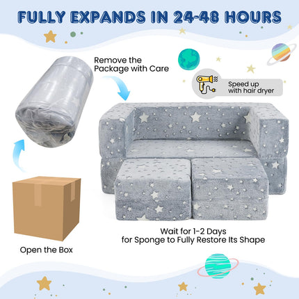 Costzon Kids Couch Set Convertible, 2 Seat Toddler Chair Glow in The Dark, Fold Out Children Sofa Couch
