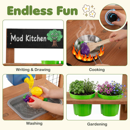 Costzon Solid Wood Toddler Play Kitchen w/Detachable Bird Cage | Outdoor Mud Kitchen for Kids