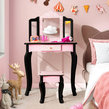 Costzon Kids Vanity Table and Chair Set, Girls Vanity Set with Mirror and Stool, Pretend Play Vanity Set for Little Girls