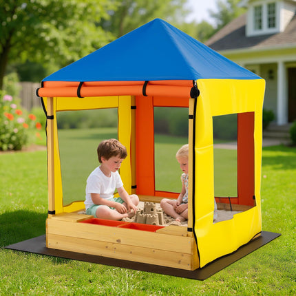 Costzon Kids Wooden Sandbox with Canopy(Yellow&Blue)