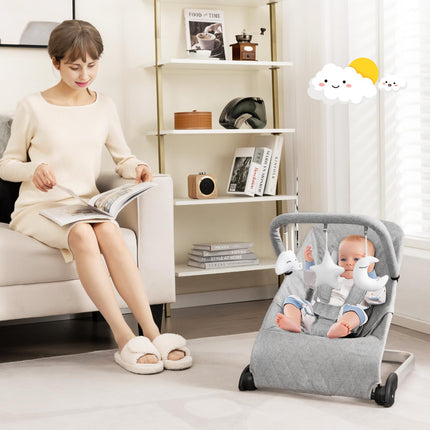 BABY JOY Baby Bouncer, Foldable Baby Rocker & Stationary Seat with 5-Point Safety Harness (Grey)