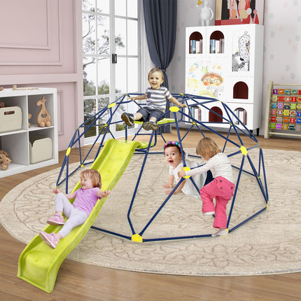 Costzon Climbing Dome with Extended Wavy Slide, 13.3FT Outdoor Jungle Gym Monkey Bar, 2 in 1 Geometric Dome Climber Playground Set
